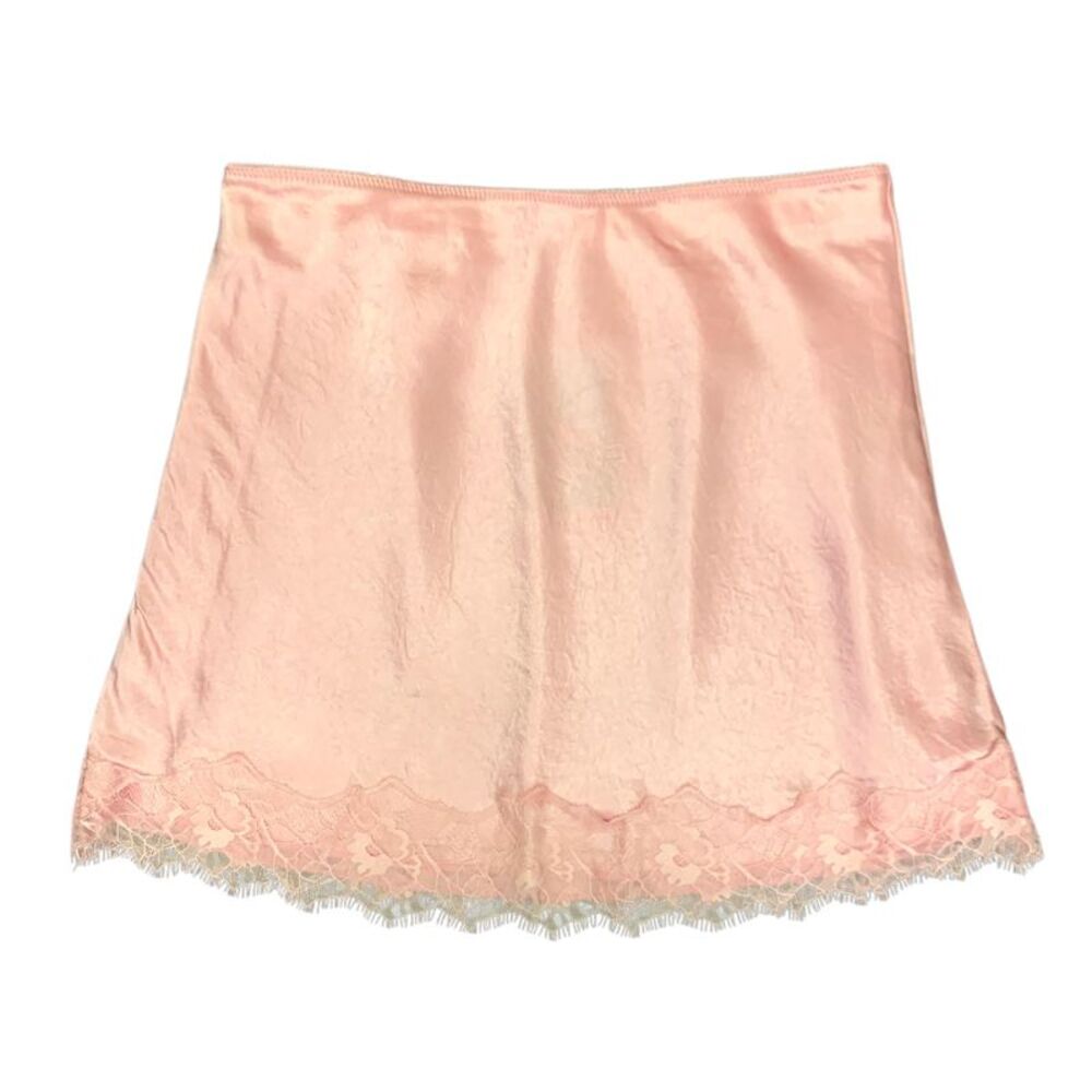 Express Women's Satin Mini Skirt with Scalloped Lace Hem and Eyelash Trim - Pink